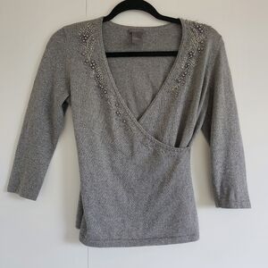 Ann Taylor Cashmere Beaded Wrap Sweater XSP | Petite Gray Holiday Knit
